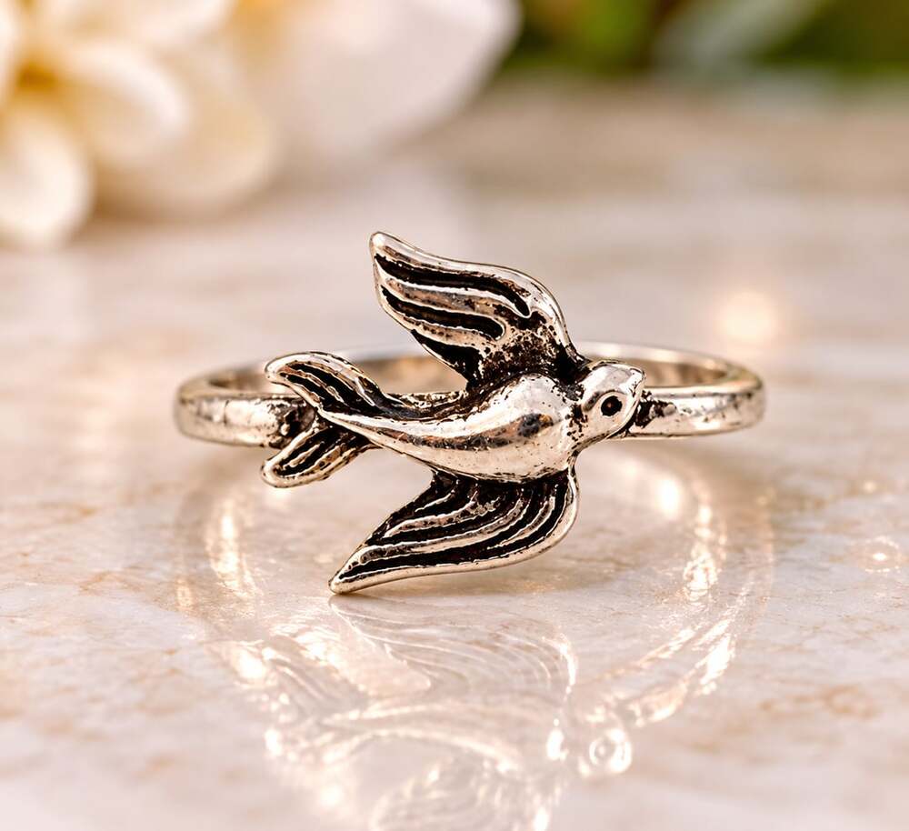 Oxidized Silver Flying Sparrow Bird Ring Band Ring Size 7